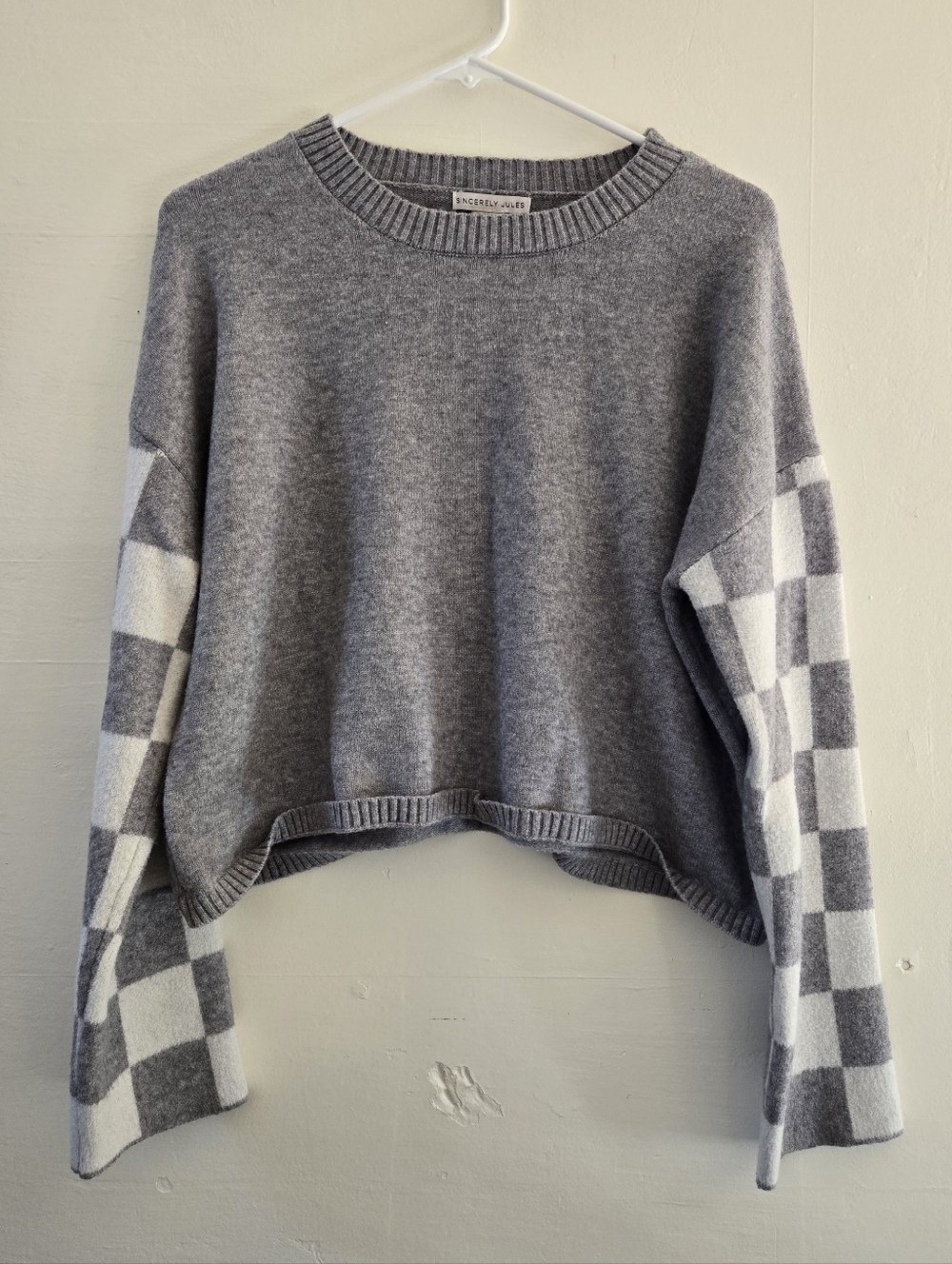 Crewneck Sweater with Checkered Sleeves